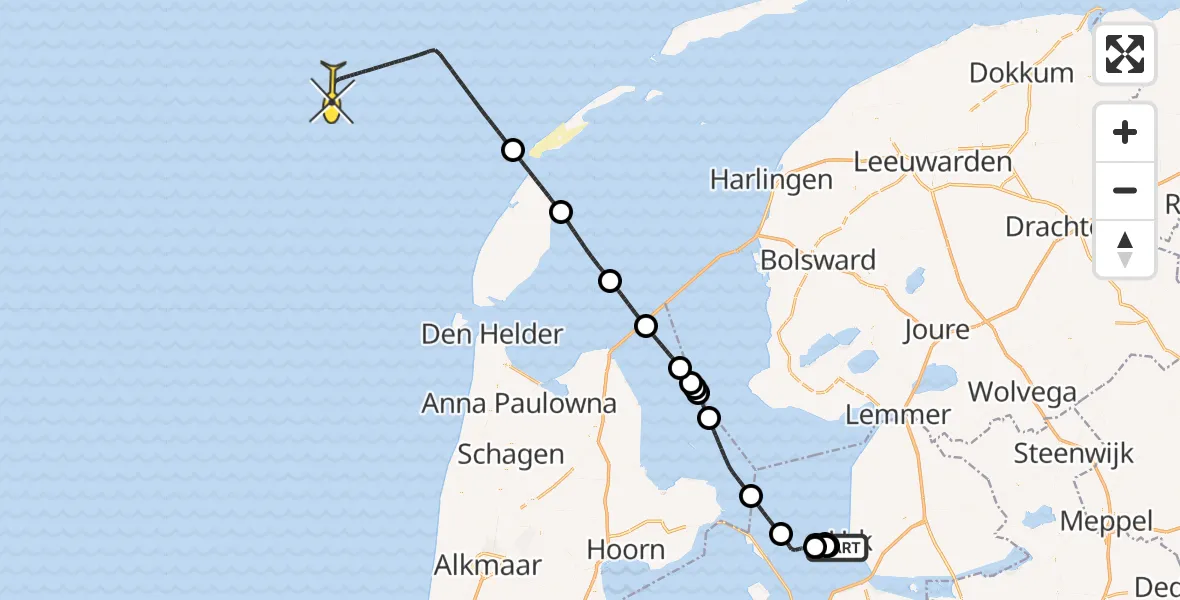 Routekaart van de vlucht: Kustwachthelikopter naar Urk