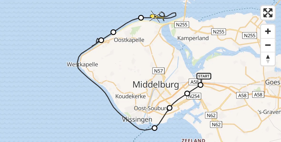 Routekaart van de vlucht: Kustwachthelikopter naar Vrouwenpolder, Postweg