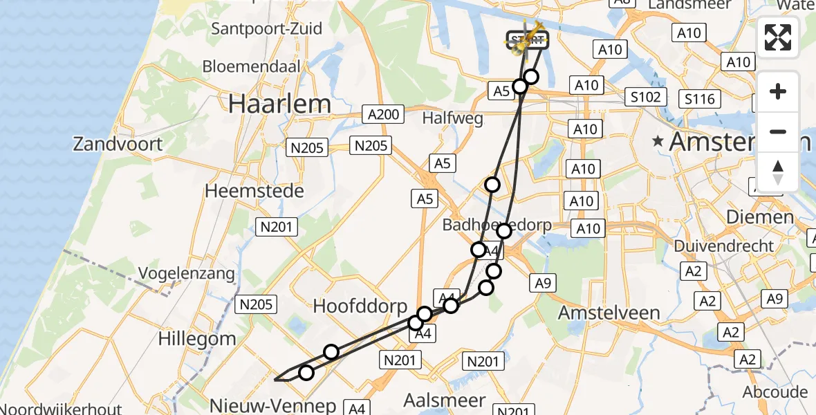 Vluchtroute Traumahelikopter van Amsterdam Heliport naar Amsterdam Heliport