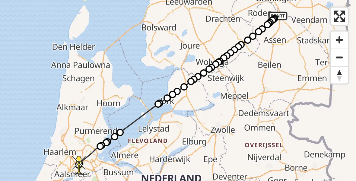 Routekaart van de vlucht: Politieheli naar Schiphol, Moespot