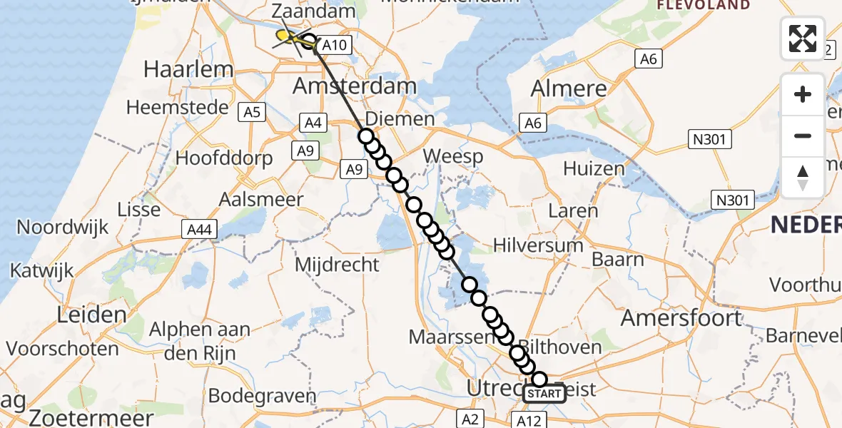 Routekaart van de vlucht: Lifeliner 1 naar Amsterdam Heliport, Utrechtseweg