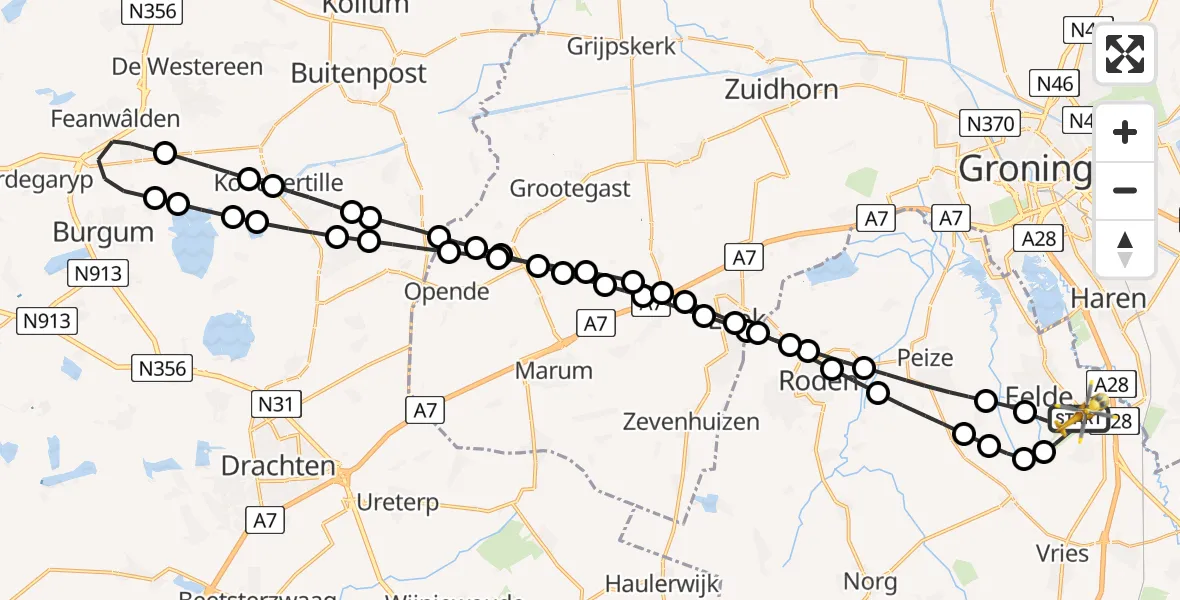 Vluchtroute Traumahelikopter Groningen Airport Eelde - Groningen Airport Eelde, 06 juni 2024, 00:18