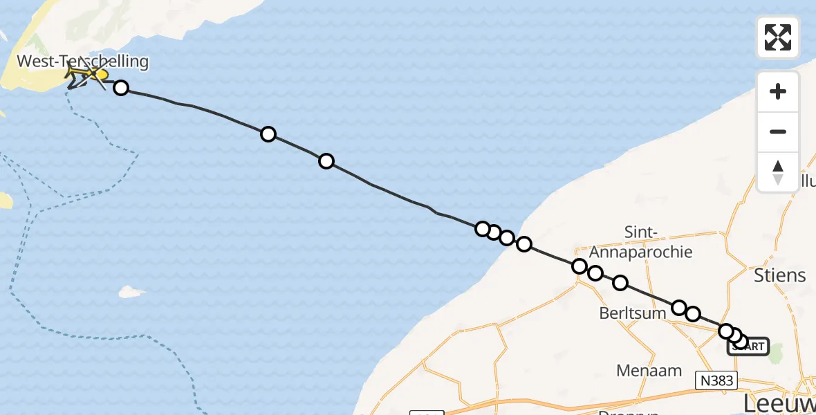 Routekaart van de vlucht: Ambulanceheli naar West-Terschelling, Dyksterhuzen