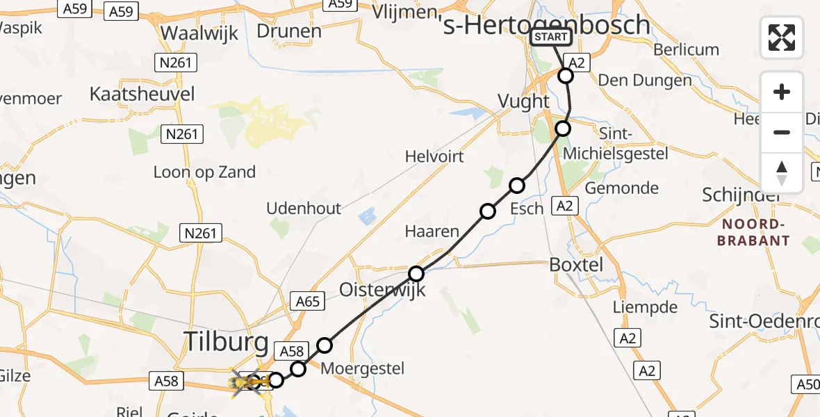 Vluchtroute Traumahelikopter 's-Hertogenbosch - Tilburg, 06 juni 2024, 03:01