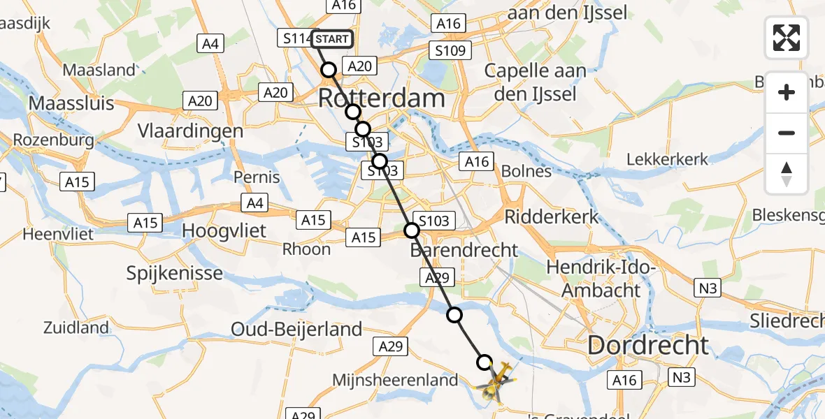 Vluchtroute Traumahelikopter Rotterdam The Hague Airport - Puttershoek, 06 juni 2024, 03:53
