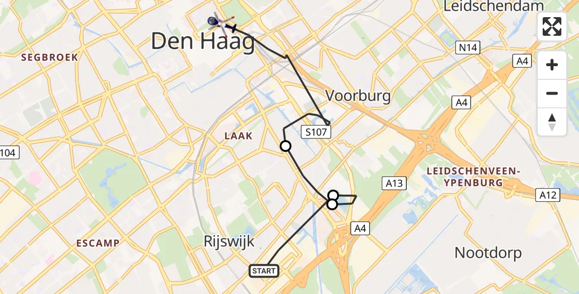 Routekaart van de vlucht: Politiehelikopter naar Den Haag, Lijsterbeslaan
