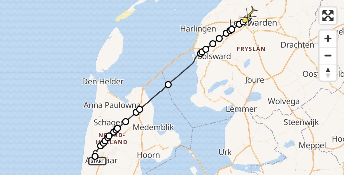 Routekaart van de vlucht: Ambulancehelikopter naar Vliegbasis Leeuwarden, Doode Vaart