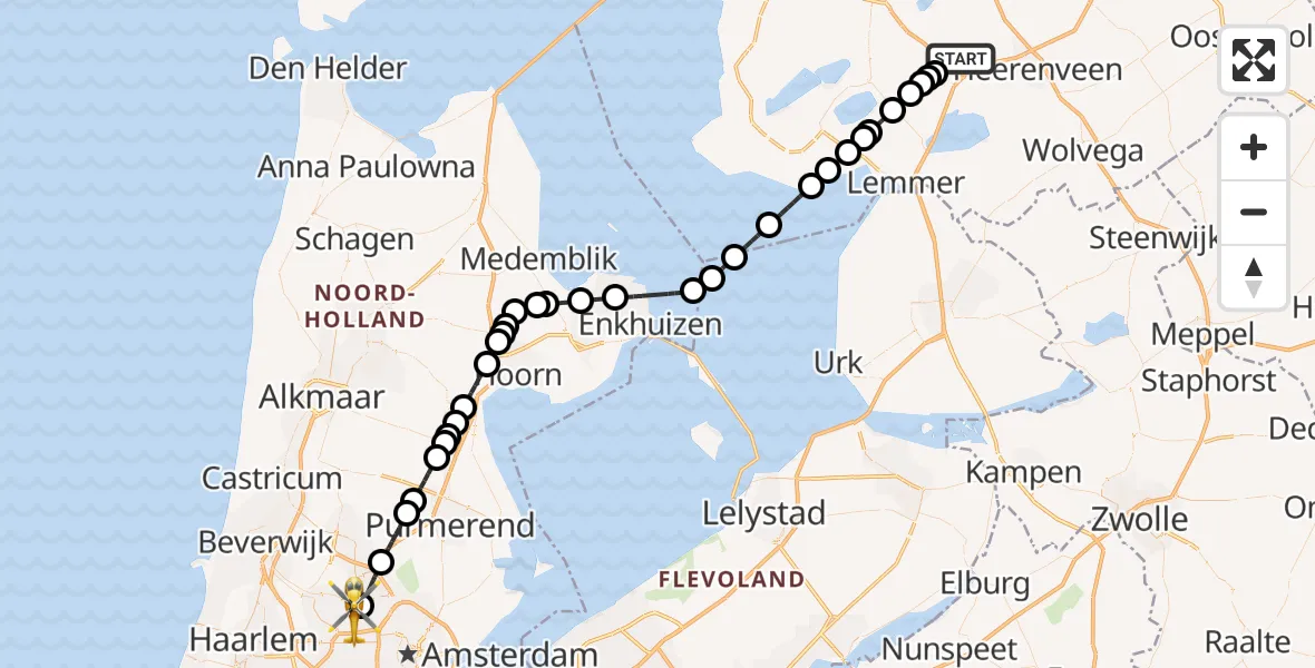 Vluchtroute Traumahelikopter Joure - Amsterdam Heliport, 06 juni 2024, 08:48