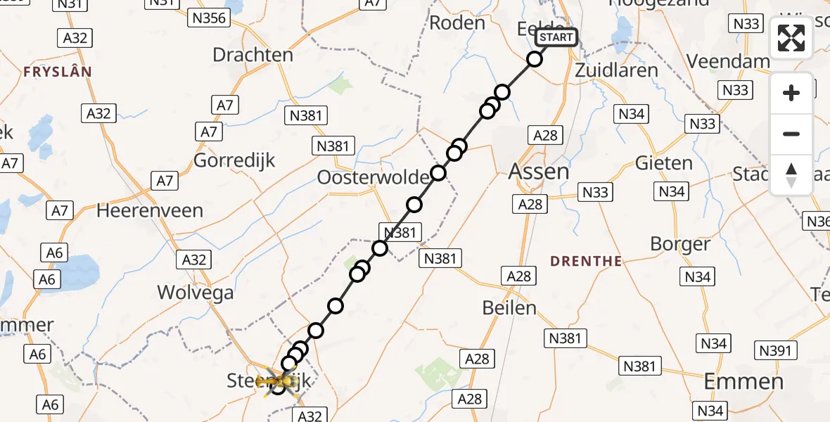Vluchtroute Traumahelikopter van Groningen Airport Eelde naar Steenwijk