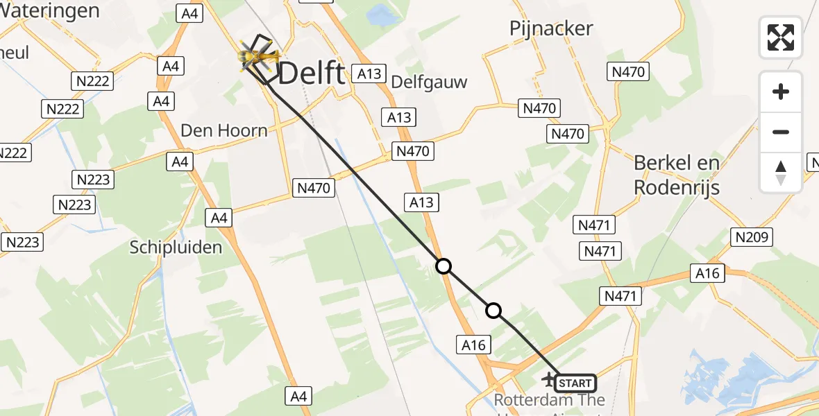Vluchtroute Traumahelikopter Rotterdam The Hague Airport - Delft, 06 juni 2024, 09:00