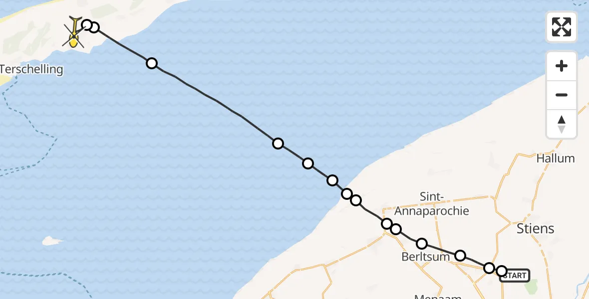 Vluchtroute Ambulancehelikopter van Vliegbasis Leeuwarden naar Midsland
