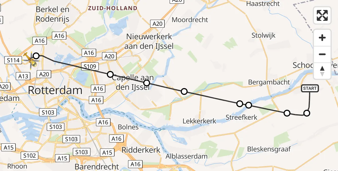 Vluchtroute Traumahelikopter Groot-Ammers - Rotterdam The Hague Airport, 06 juni 2024, 10:52