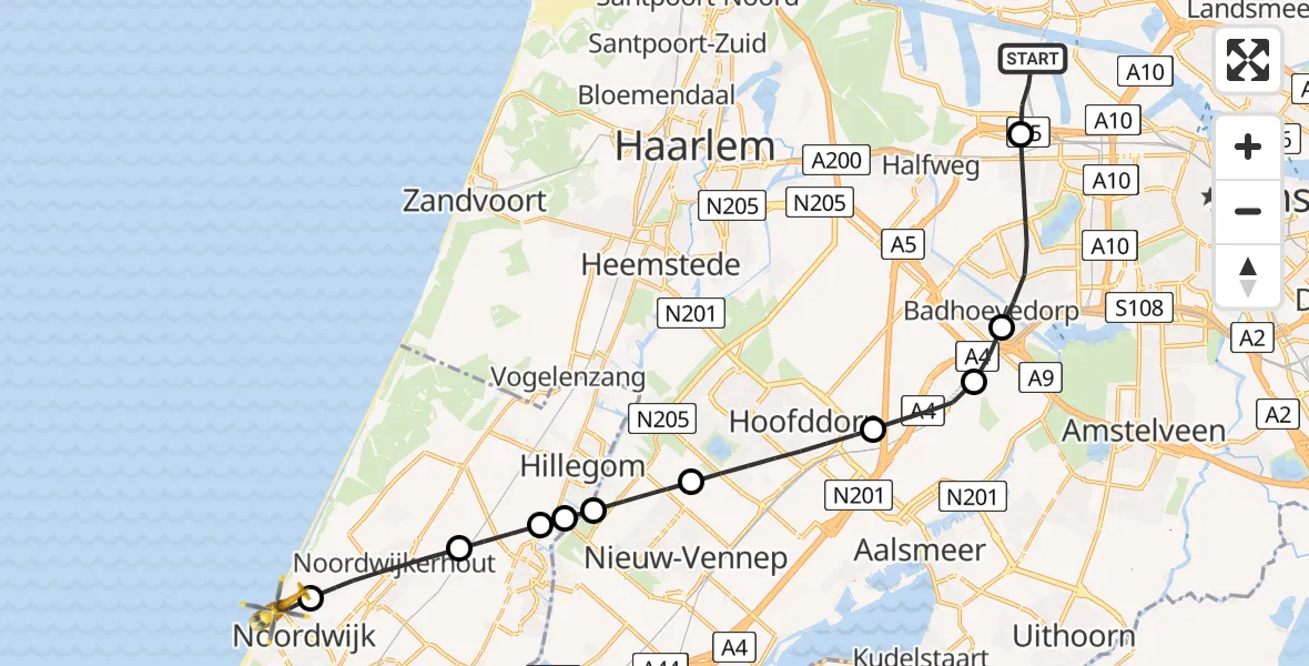 Vluchtroute Traumahelikopter Amsterdam Heliport - Noordwijk, 06 juni 2024, 10:56