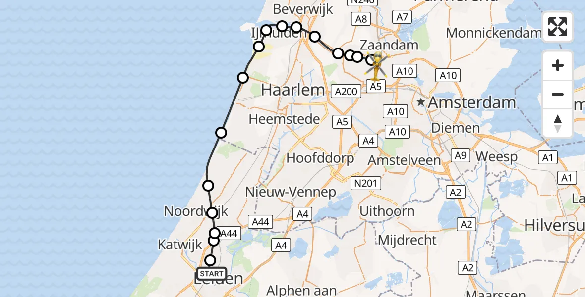 Vluchtroute Traumahelikopter Leiden - Amsterdam Heliport, 06 juni 2024, 11:56