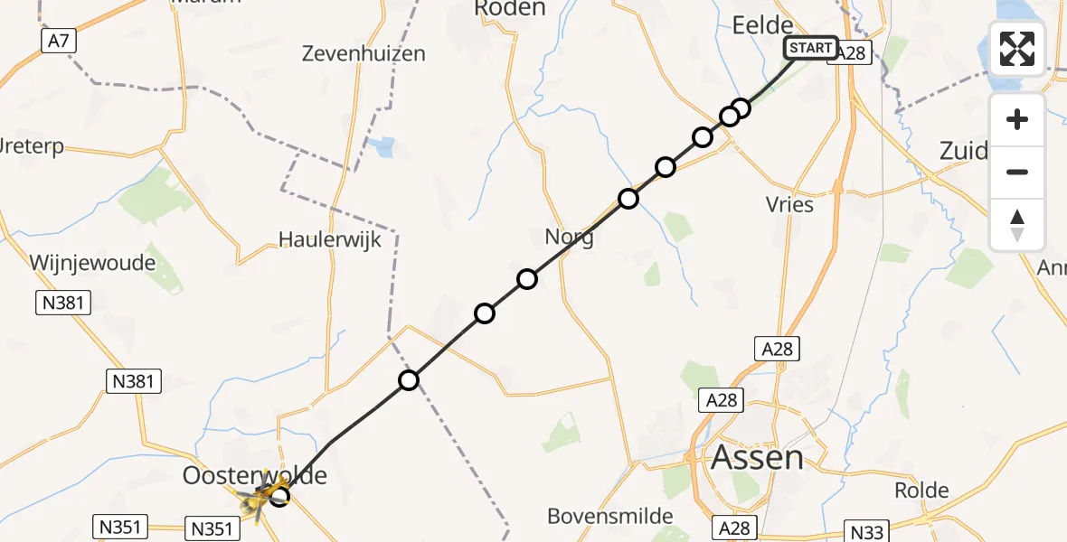 Vluchtroute Traumahelikopter van Groningen Airport Eelde naar Oosterwolde