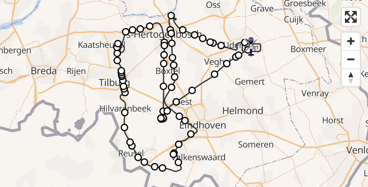 Vluchtroute Politiehelikopter van Vliegbasis Volkel naar Vliegbasis Volkel