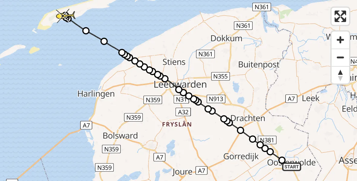 Vluchtroute Traumahelikopter van Oosterwolde naar Midsland