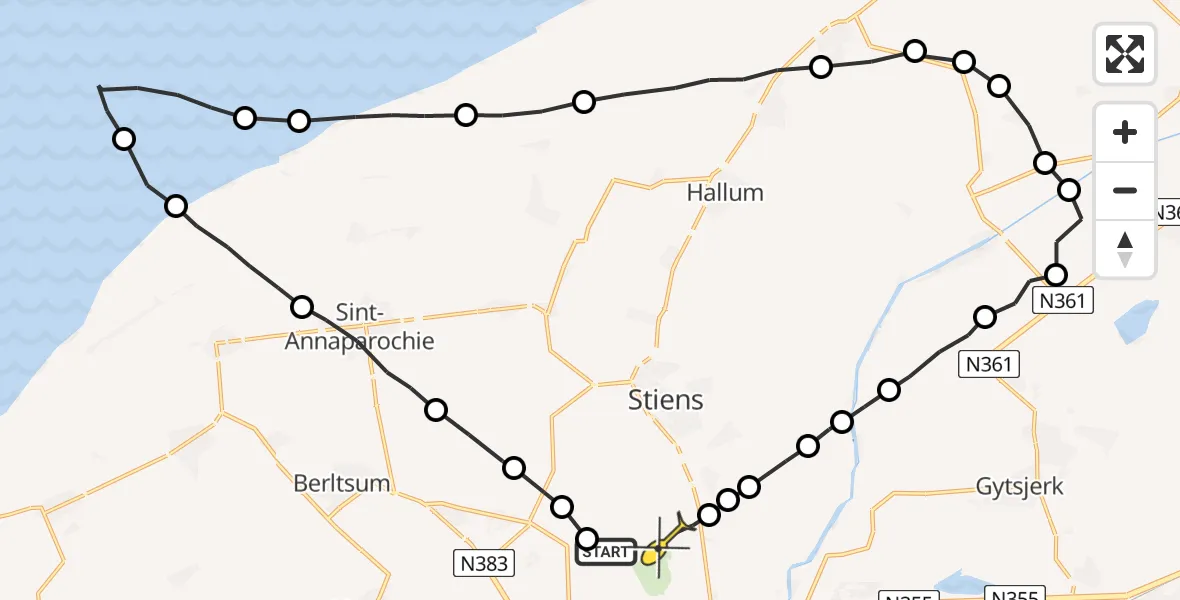 Vluchtroute Ambulancehelikopter van Vliegbasis Leeuwarden naar Vliegbasis Leeuwarden