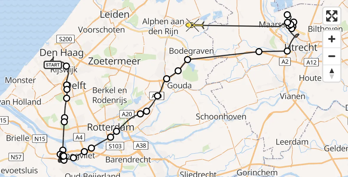 Routekaart van de vlucht: Politiehelikopter naar Nieuwkoop, Noorderbeekstraat