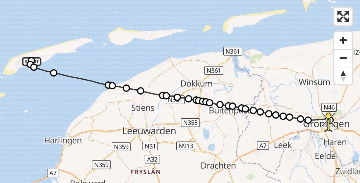 Vluchtroute Traumahelikopter van Midsland naar Universitair Medisch Centrum Groningen