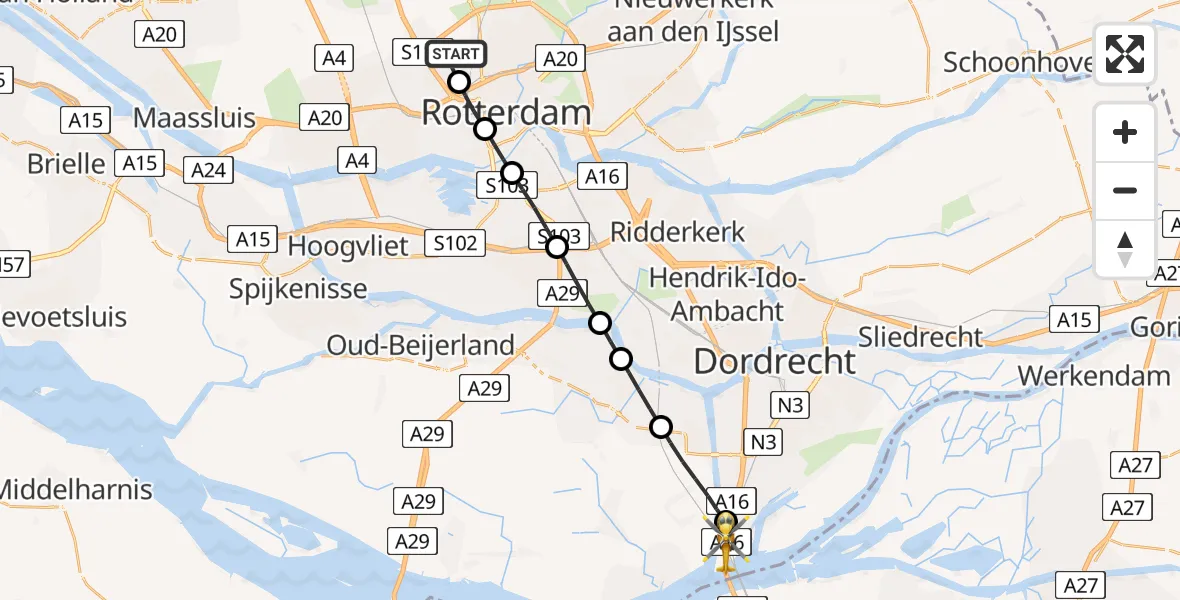 Vluchtroute Traumahelikopter Rotterdam The Hague Airport - Dordrecht, 06 juni 2024, 17:06