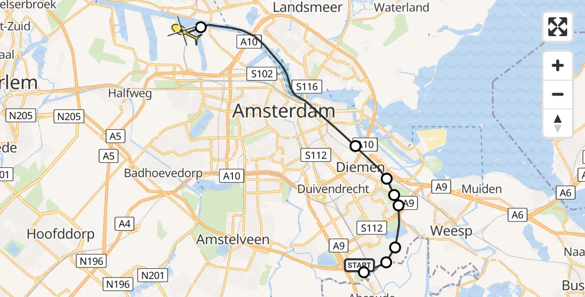 Routekaart van de vlucht: Lifeliner 1 naar Amsterdam Heliport, Spengenpad