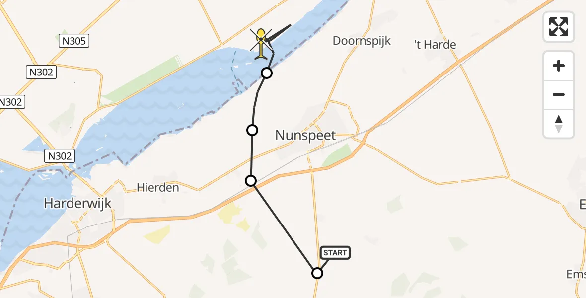 Routekaart van de vlucht: Politiehelikopter naar Biddinghuizen, Brandsweg