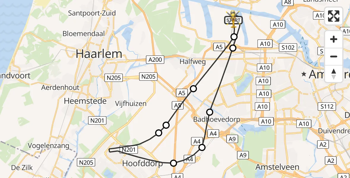 Vluchtroute Traumahelikopter van Amsterdam Heliport naar Amsterdam Heliport