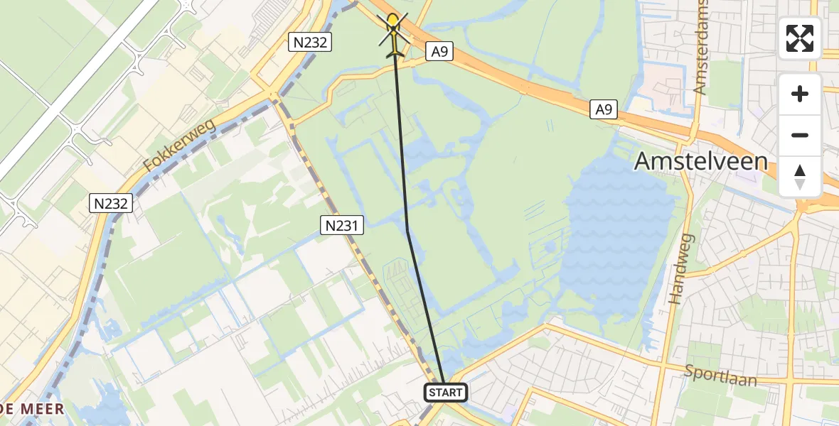 Routekaart van de vlucht: Politiehelikopter naar Amstelveen, Schipholweg
