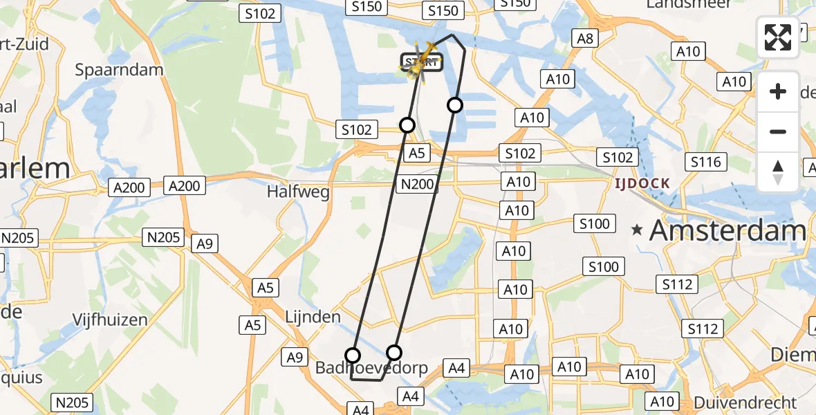 Vluchtroute Traumahelikopter van Amsterdam Heliport naar Amsterdam Heliport