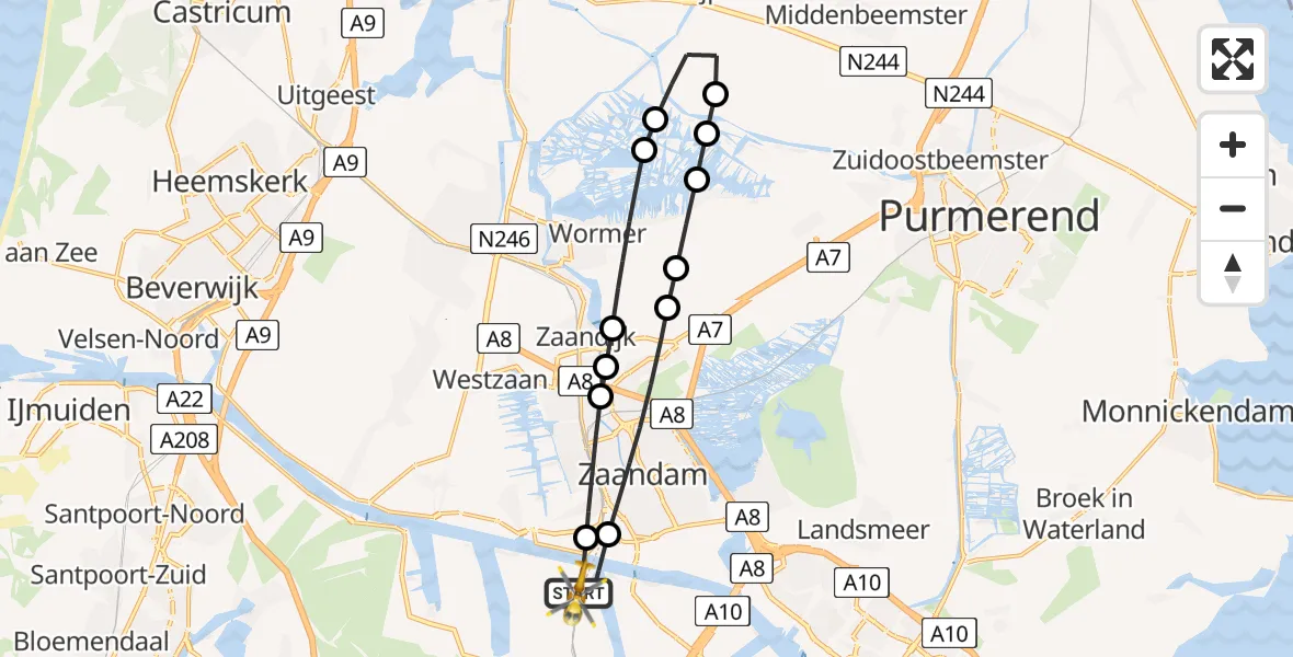 Vluchtroute Traumahelikopter van Amsterdam Heliport naar Amsterdam Heliport