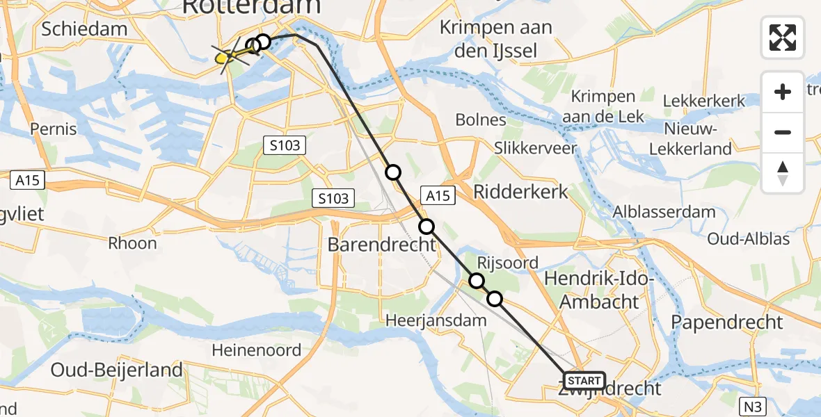 Routekaart van de vlucht: Lifeliner 2 naar Erasmus MC, Molenvliet