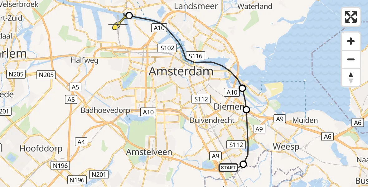 Routekaart van de vlucht: Lifeliner 1 naar Amsterdam Heliport, Ruwelspad