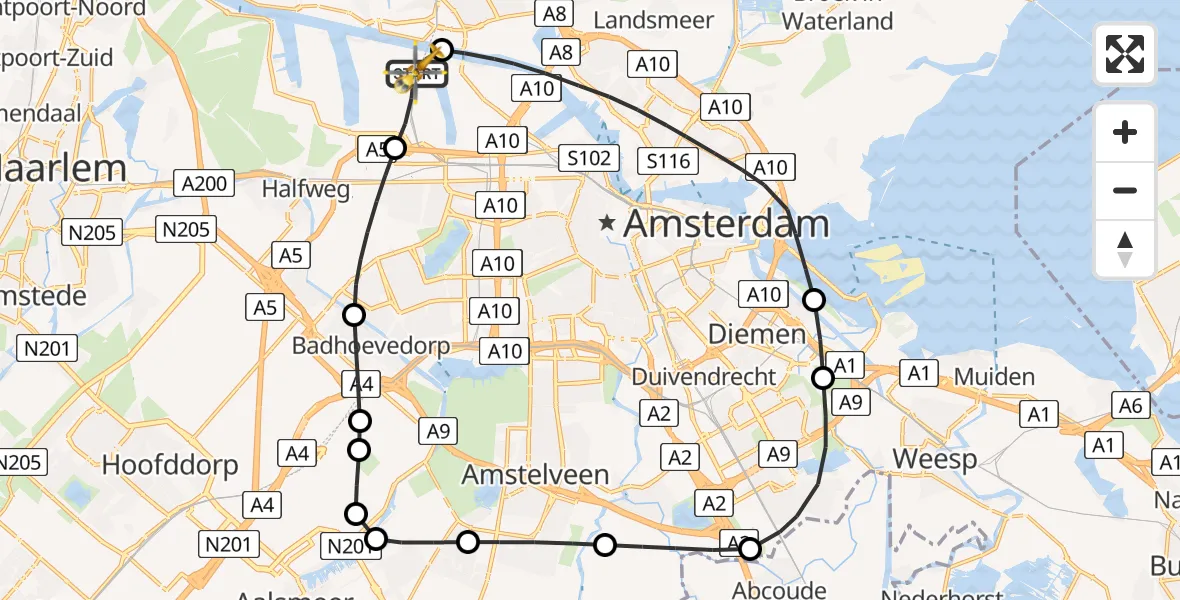 Vluchtroute Traumahelikopter van Amsterdam Heliport naar Amsterdam Heliport