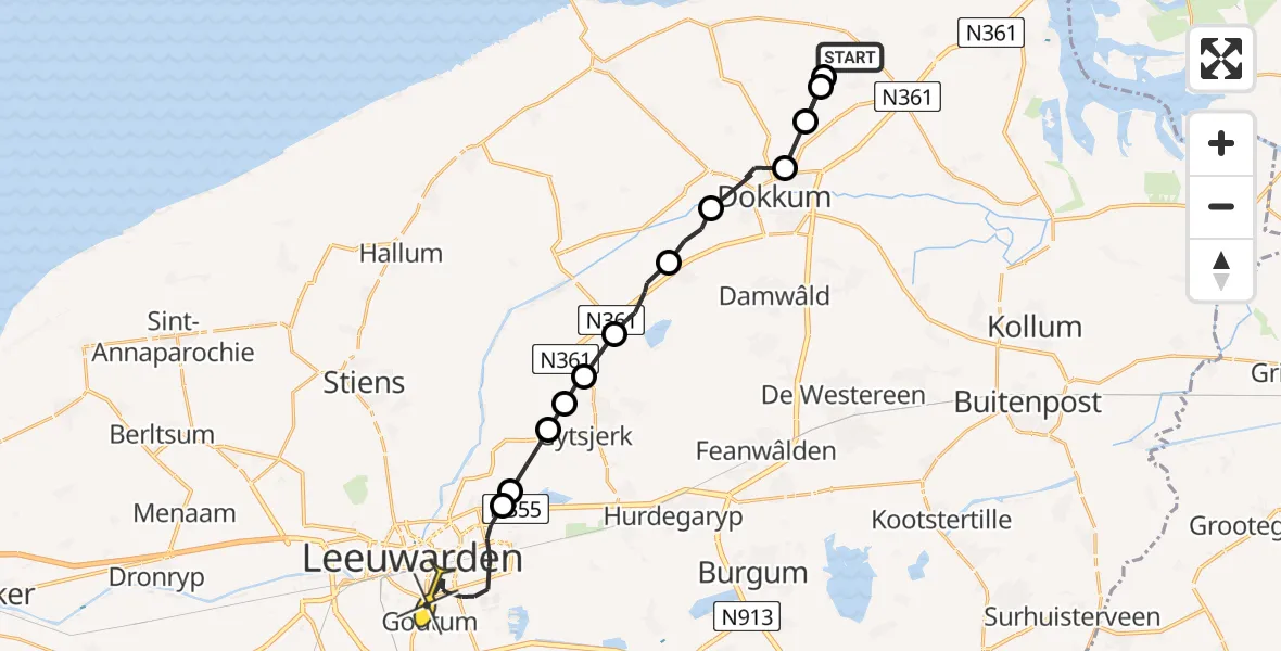 Routekaart van de vlucht: Ambulanceheli naar Leeuwarden, Bartenswei