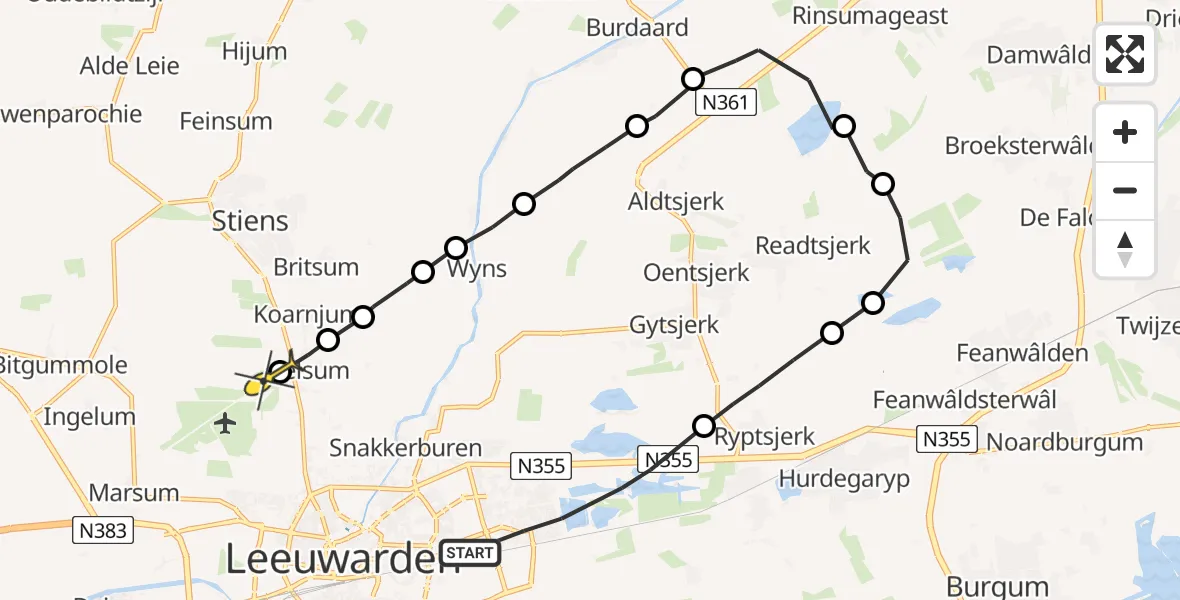 Routekaart van de vlucht: Ambulanceheli naar Vliegbasis Leeuwarden, Grovestins