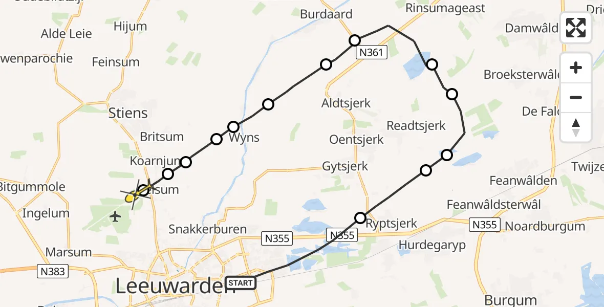 Vluchtroute Ambulancehelikopter van Leeuwarden naar Vliegbasis Leeuwarden
