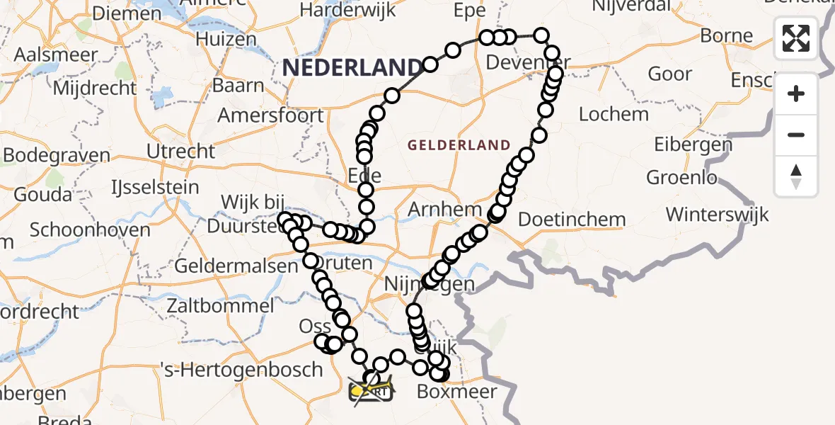 Routekaart van de vlucht: Politieheli naar Vliegbasis Volkel, Zeelandsedijk