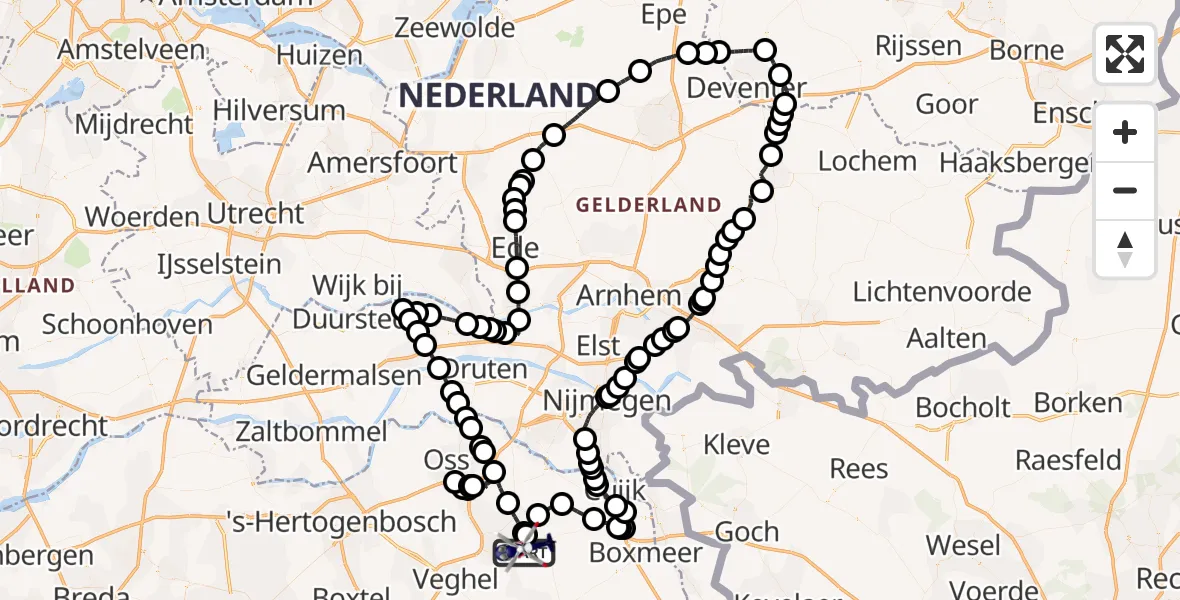 Vluchtroute Politiehelikopter van Vliegbasis Volkel naar Vliegbasis Volkel