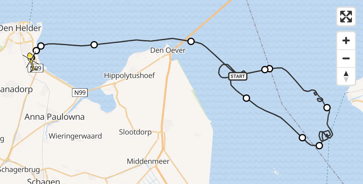 Routekaart van de vlucht: Kustwachthelikopter naar Vliegveld De Kooy, Breezanddijk