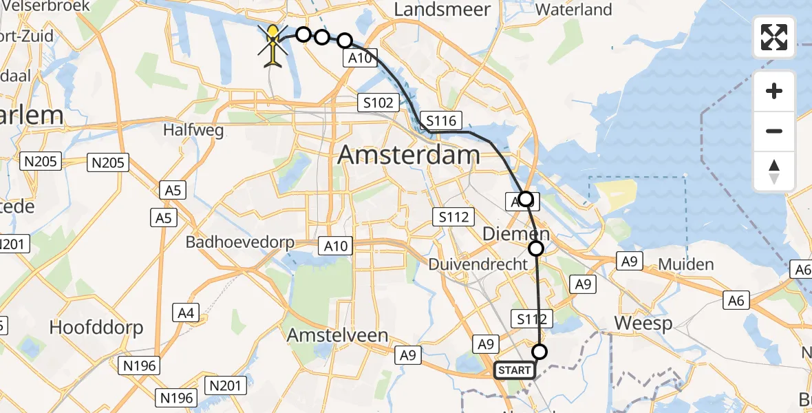 Routekaart van de vlucht: Lifeliner 1 naar Amsterdam Heliport, Sinderenstraat