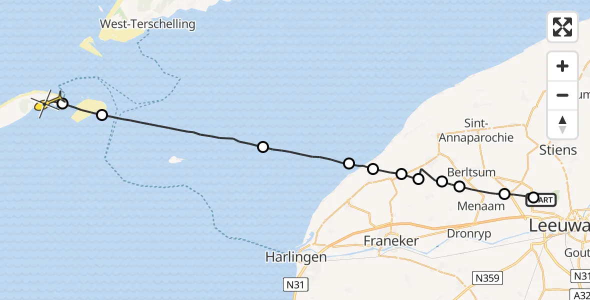 Routekaart van de vlucht: Ambulanceheli naar Vlieland Heliport, Tilledyk