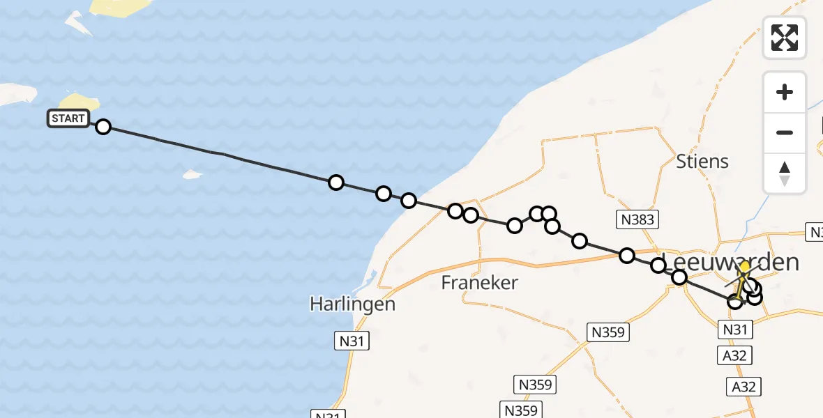 Routekaart van de vlucht: Ambulancehelikopter naar Leeuwarden, Fransche Gaatje