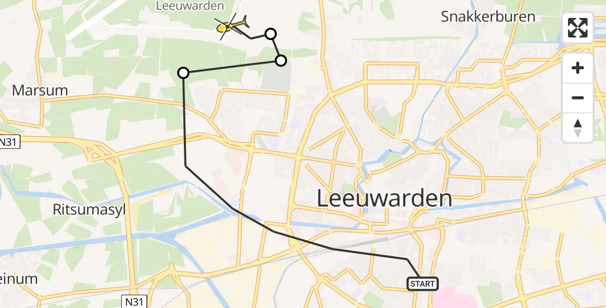 Vluchtroute Ambulancehelikopter van Leeuwarden naar Vliegbasis Leeuwarden
