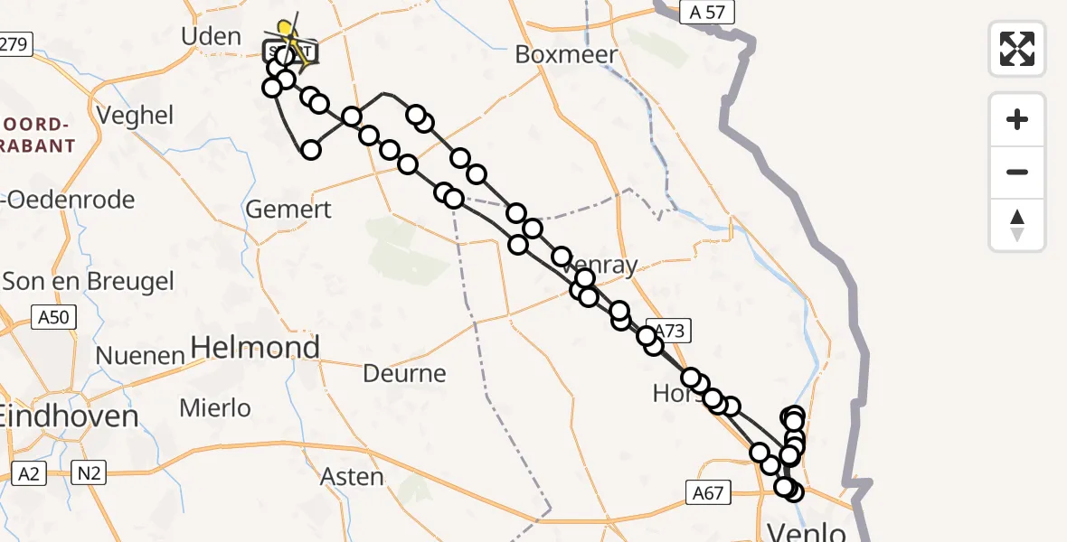 Routekaart van de vlucht: Politieheli naar Vliegbasis Volkel, Oosterheidestraat