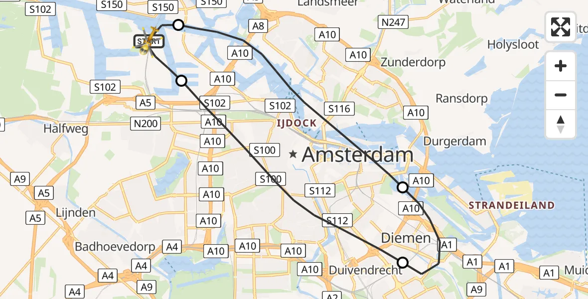 Vluchtroute Traumahelikopter van Amsterdam Heliport naar Amsterdam Heliport