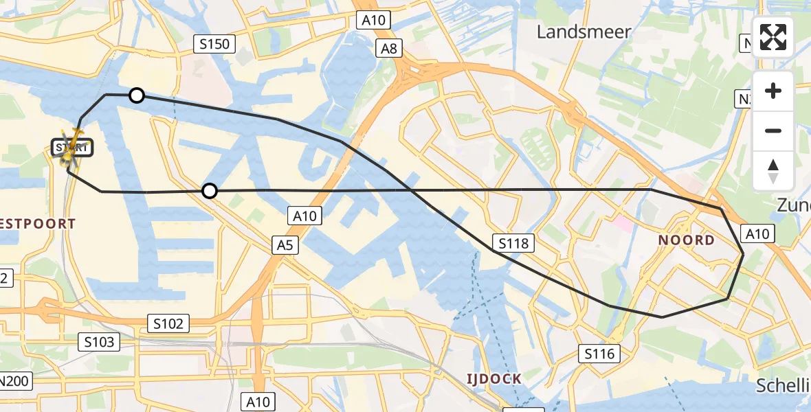 Vluchtroute Traumahelikopter van Amsterdam Heliport naar Amsterdam Heliport