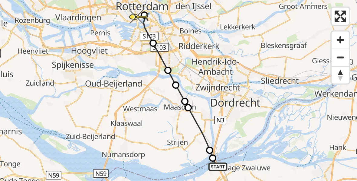 Routekaart van de vlucht: Lifeliner 2 naar Erasmus MC, Rijksstraatweg