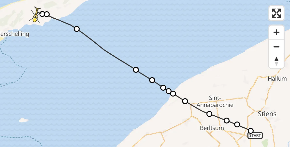 Routekaart van de vlucht: Ambulancehelikopter naar Midsland, Nijlânsdyk