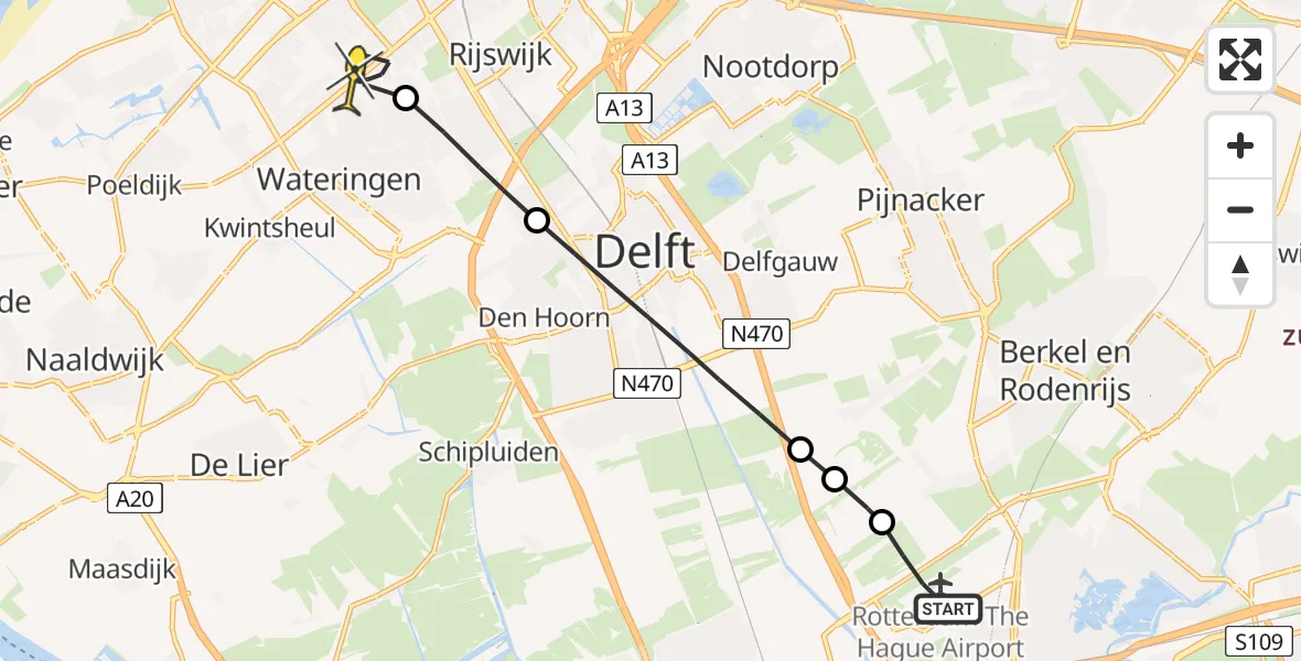 Routekaart van de vlucht: Lifeliner 2 naar Den Haag, Erasmusweg